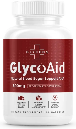 A bottle of GlycoAid natural blood sugar support capsules